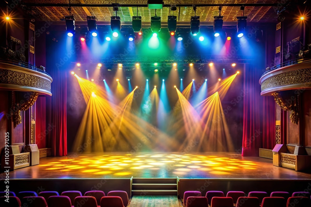 Poster theater stage illuminated by soft spotlights with hazy atmosphere before performance, creating an en