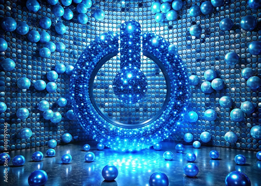 Poster the dynamic transformation of a power off symbol crafted from small shimmering blue balls, crumbling