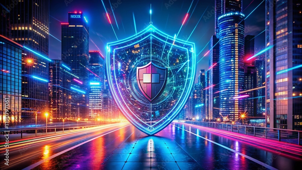 Aufkleber the glowing cyber shield: a futuristic representation of digital defense and protection in a neon-li