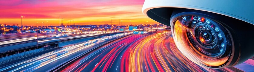 Obraz premium Vibrant sunset view with a camera monitoring urban traffic.