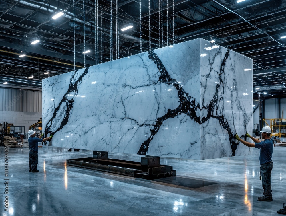 Poster workers handling a large marble slab in a modern factory setting.