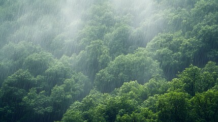 Lush green forest drenched in a refreshing rainfall.