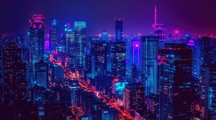 Obraz premium Futuristic cyberpunk skyline with neon lights, glowing city atmosphere, retro futuristic urban aesthetic.