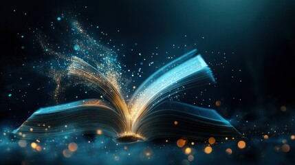 Magical glowing open book with sparks.