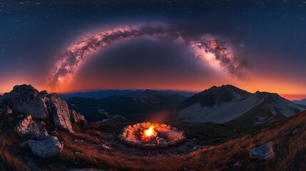 A mesmerizing night scene with a campfire under a starry sky and the Milky Way's arc.