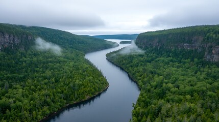 Obraz premium Majestic river landscape remote wilderness aerial view lush greenery natural serenity