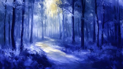 A serene blue forest path illuminated by soft light.