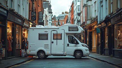 White Campervan Parked In A City Street