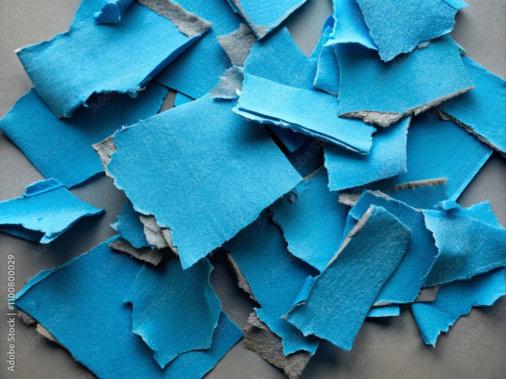 Poster torn pieces of blue cardboard paper on a gray background, ideal for creative projects and textures i