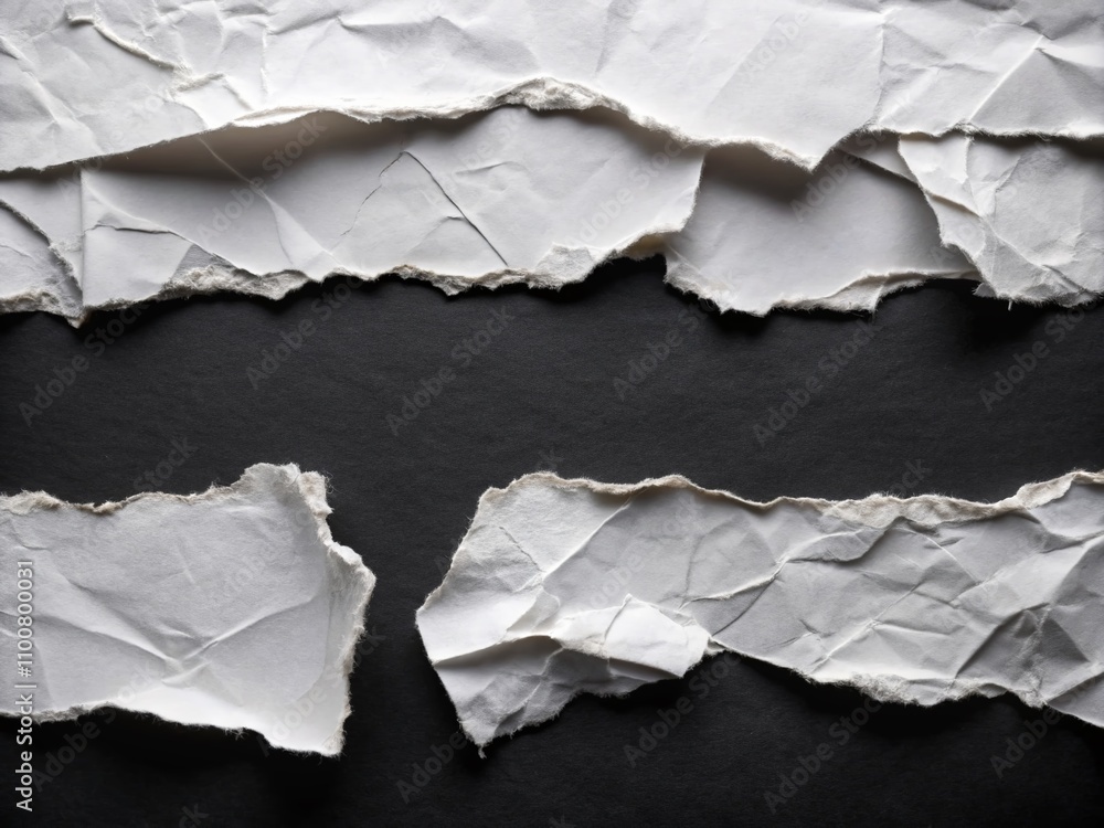 Aufkleber torn white paper pieces on black background with wrinkled texture perfect for creative projects and 