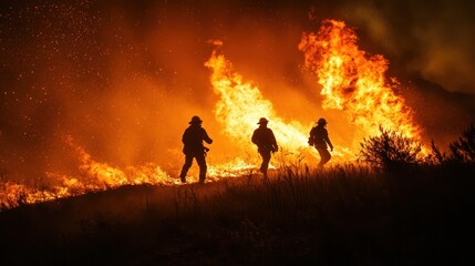 Fototapeta premium Three firefighters battling a massive wildfire at night.
