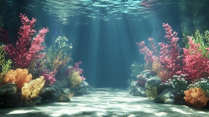 Vibrant underwater scene with colorful coral reefs and soft, glowing light.