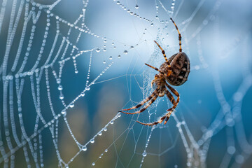 Obraz premium Spider on dewy web against blurred blue background, nature close-up. Macro photography and wildlife concept