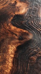 Obraz premium Realistic presentation of natural wood texture, rich textures of dark brown and amber, fine scars and smooth polished surface, soft light exposure, moss and scattered leaves embellishment