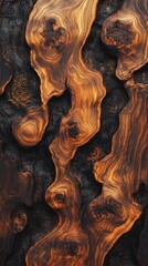 Realistic presentation of natural wood texture, rich textures of dark brown and amber, fine scars and smooth polished surface, soft light exposure, moss and scattered leaves embellishment