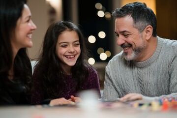 Fototapeta premium A family gathered on the floor, playing board games or card games after Thanksgiving dinner. The laughter, Generative AI