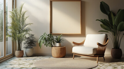 Illustration. Square wooden frame hanging on the wall of a luxury living room. Inside the living room with a sofa. Interior design creates a warm atmosphere.