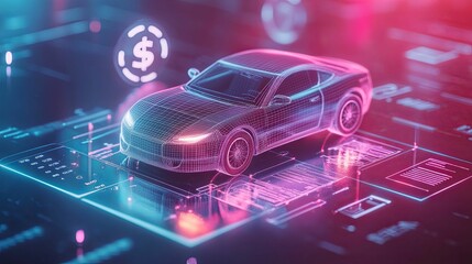 Digital Wireframe Car Model Shows Cost Analysis
