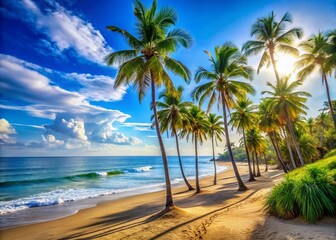 Tranquil Tropical Beach with Lush Palm Trees in California, Perfect for Holiday and Vacation Inspiration, Showcasing Breathtaking Coastal Landscape and Relaxing Atmosphere