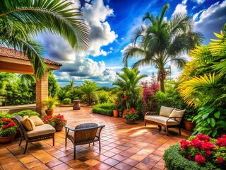 Fototapeta premium Tranquil Tropical Patio with Lush Greenery, Brick Flooring, Scenic Cloudy Sky, and Palm Trees for a Relaxing Natural Landscape Setting