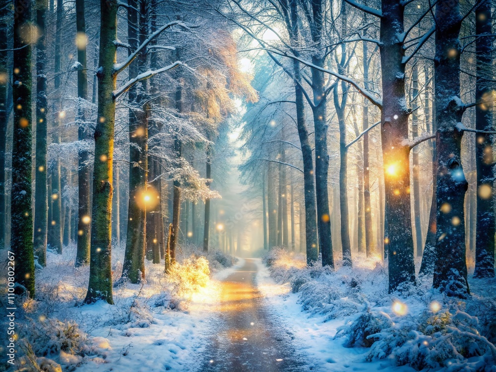 Poster Tranquil Winter Wonderland: Snowy Path Through Serene Forest Borders Captured in Handdrawn Style with Bokeh Effect for Peaceful Nature Backgrounds
