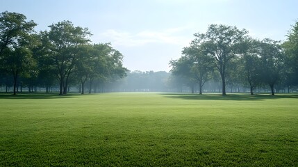 Obraz premium Serene park landscape with lush green grass and morning mist.