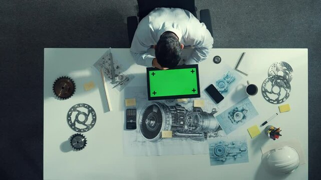 Top view of engineer looking at phone while working on tablet with green screen at meeting table with turbine engine or jet engine sketch design and various metal gear scatter around. Alimentation.