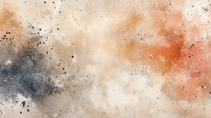 Abstract watercolor background with soft pastel colors and paint splashes in light brown, beige, and colorful woodcut prints, creating a dreamy, artistic atmosphere for design and decoration.