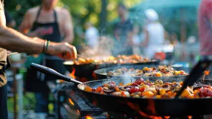Fototapeta premium Out of focus figures eagerly preparing their dishes at a fierce outdoor cooking competition.