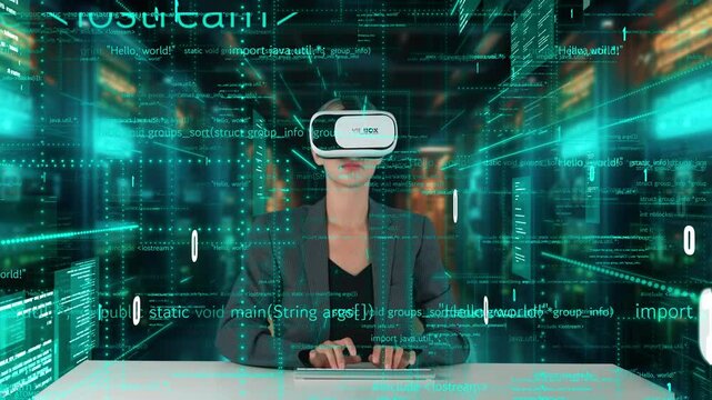 IT developer typing computer code for analyzing intelligent website development coder system data selection by VR innovation interface digital network technology visual hologram server. Contraption.