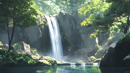 A serene waterfall cascading into a tranquil pool surrounded by lush greenery.