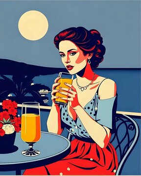 dessin d'une femme assise &agrave; un bistro qui boit un jus d'orange 