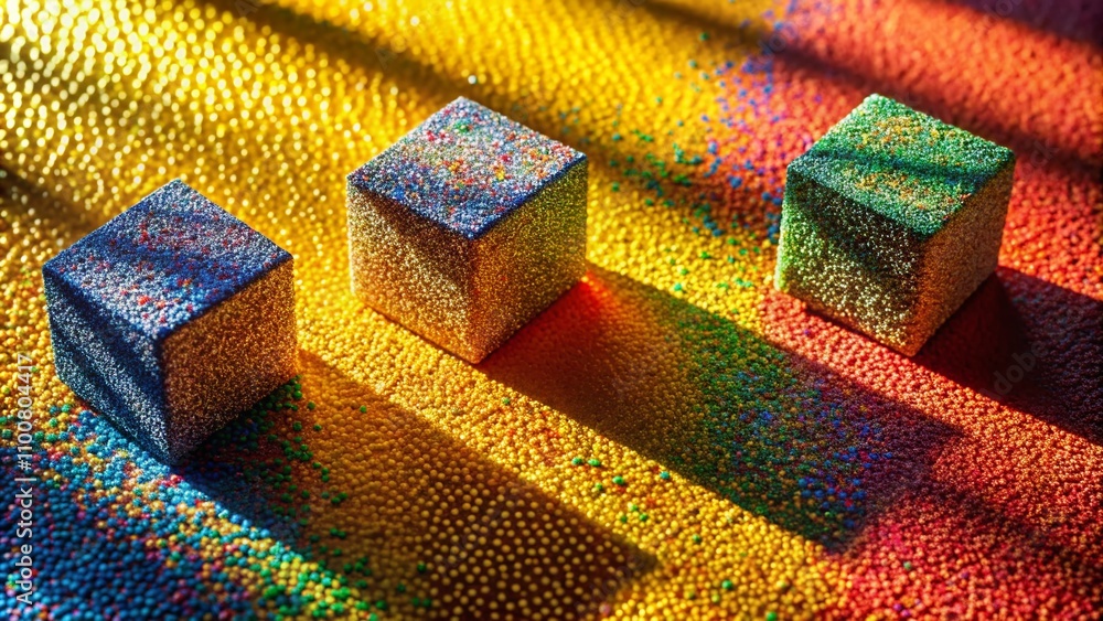 Poster unique square shadows cast from various angles on a grainy noise background with pointillism dots an