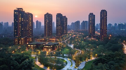 Obraz premium A bustling business center reflects the harmony between urban life and green initiatives.