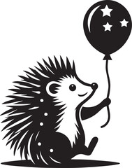 A hedgehog holding a balloon in one hand vector silhouette