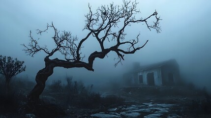 Twisted Skeletal Tree Reaching into Dim Foggy Landscape with Abandoned Dilapidated Structure