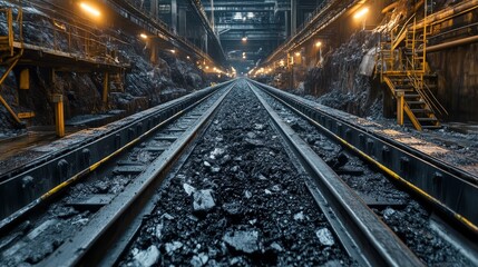 Obraz premium In the industrial environment, the conveyor belt transports coal efficiently, demonstrating the process of coal transportation in modern factories, with high-speed operation and optimized workflow
