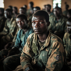 Obraz premium Young soldiers engaged in training in a dilapidated classroom setting