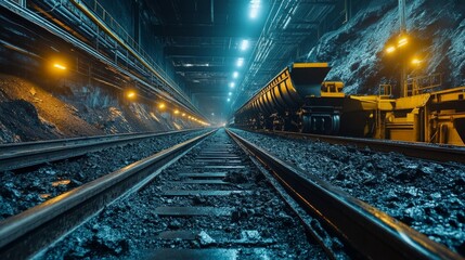 Fototapeta premium In the industrial environment, the conveyor belt transports coal efficiently, demonstrating the process of coal transportation in modern factories, with high-speed operation and optimized workflow