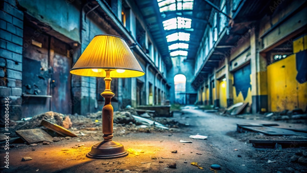Poster urban exploration photography featuring a yellow lamp in an unstable position against a grungy backd