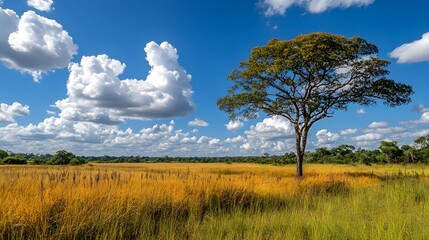 Obraz premium Lone tree stands in the vast golden grassland under a bright blue sky.