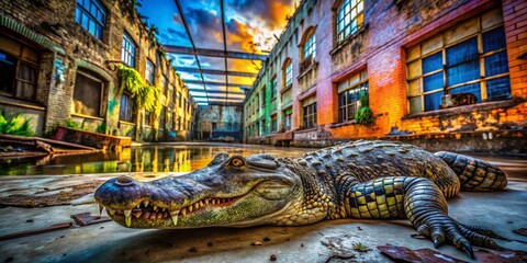 Urban Exploration Photography Featuring Intricate Alligator Skin Texture in an Abandoned Setting, Highlighting Nature's Patterns Amidst Decay and Urban Life