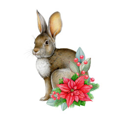Winter mood cute sitting bunny with Christmas decor vintage style illustration on a white background. Festive, detailed, ideal for holiday designs, greeting cards and seasonal packaging