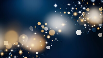 Abstract blurred bokeh lights and stars on a dark blue background