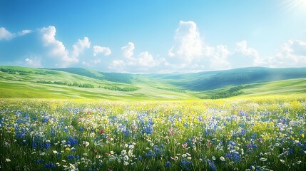 Vibrant wildflower meadow under a bright blue sky.