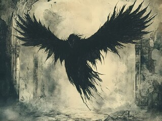 Ethereal Demonic Avian Entity Shrouded in Mist and Shadow within Abandoned Gothic Chapel Ruins