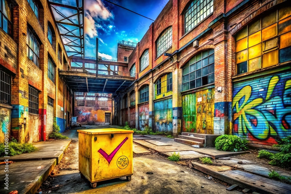 Poster urban exploration with yellow text box and check box elements in an industrial setting, capturing th