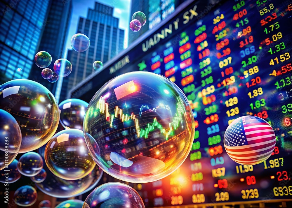 Poster us stocks rising amid bursting bubbles: a top view of volatile market conditions with digital binary