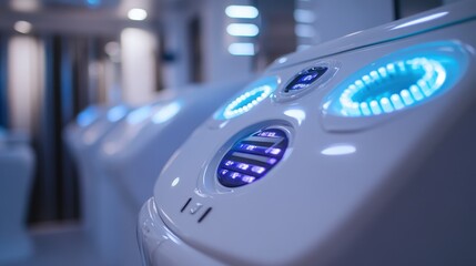 Fototapeta premium Close-up of a spa's control panel, featuring vibrant LED lights and buttons. Image showcases modern spa technology, ideal for wellness and beauty websites.