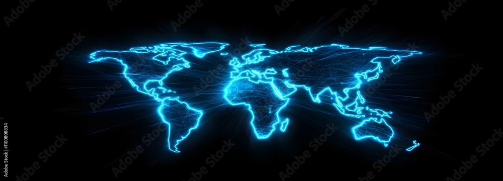 Poster a futuristic world map glowing in neon blue, set against a dark, high-tech background. the map of th